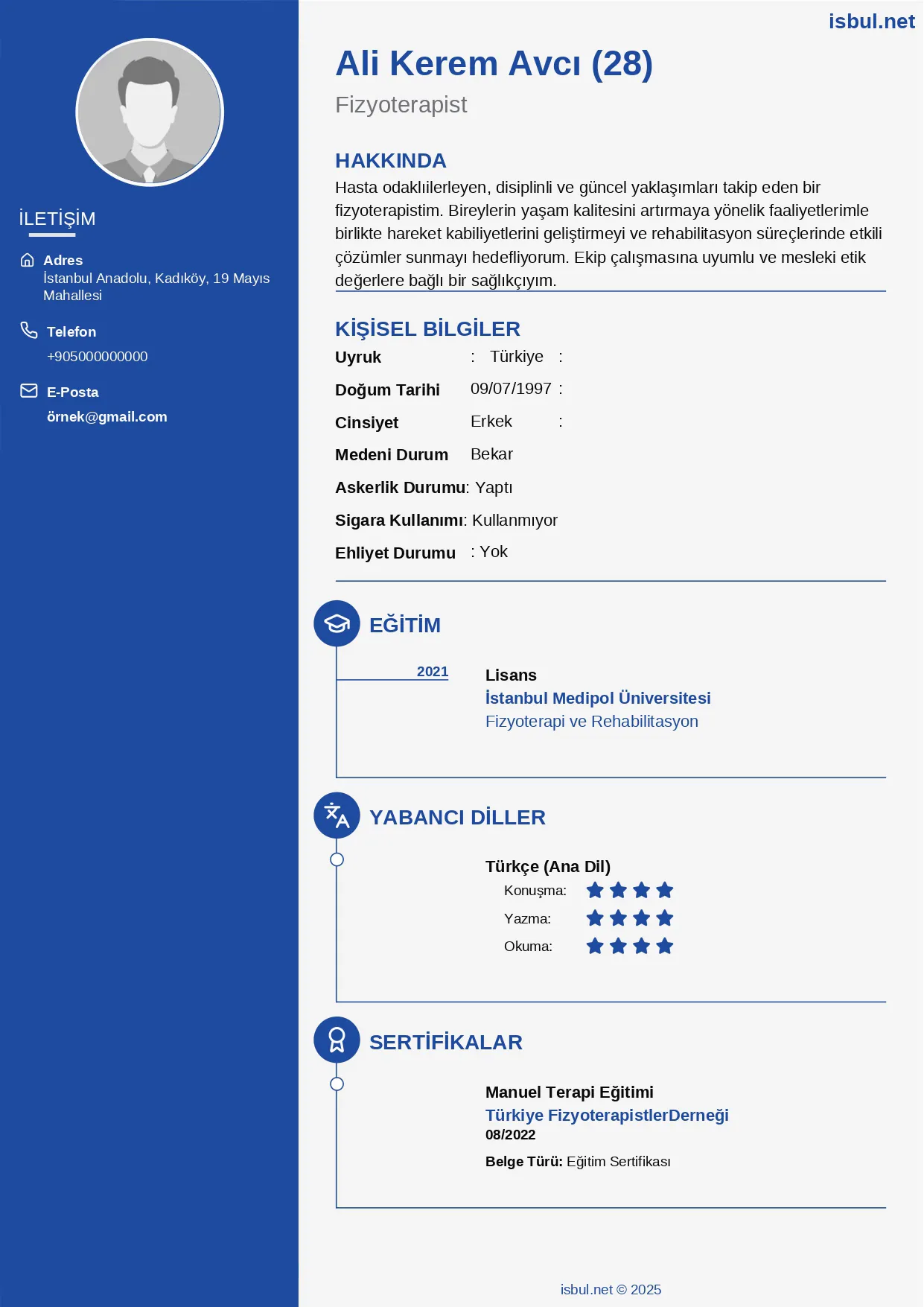 CV Örneği: Fizyoterapist CV Örneği