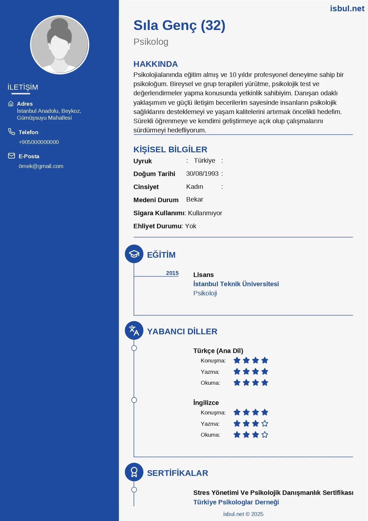 CV Örneği: Psikolog CV Örneği