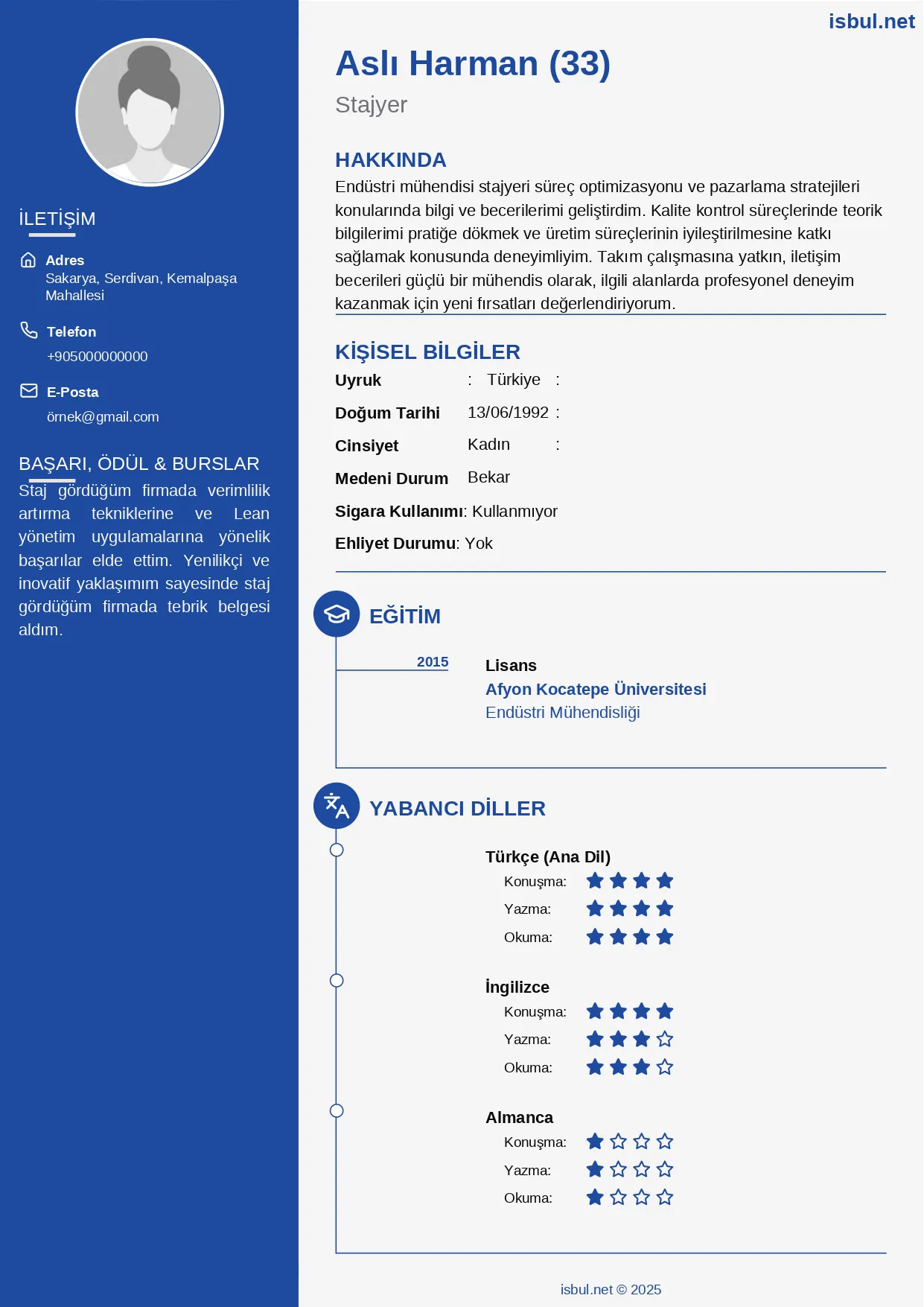 CV Örneği: Stajyer CV Örneği