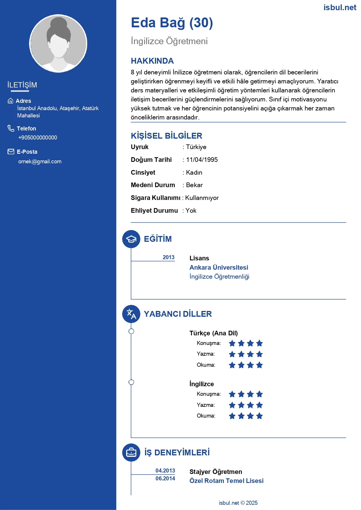 CV Örneği: İngilizce Öğretmeni CV Örneği